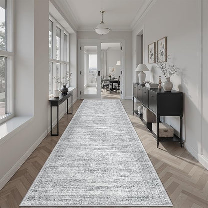 Runner Rug 2'6" x 14' Washable Non-Slip Runner Rugs for Kitchen Bathroom Laundry Room Vintage Ultra Thin Runners for Hallway Entryway Grey