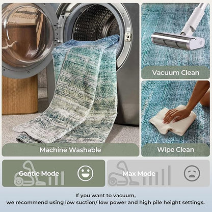 Kokia Abstract Area Rugs 8x10 Bedroom Soft Living Room Rugs Washable Distressed Vintage Comfy Blue Carpet with Non-Slip Backing for Farmhouse Home Office Room Decor, Oslo Teal