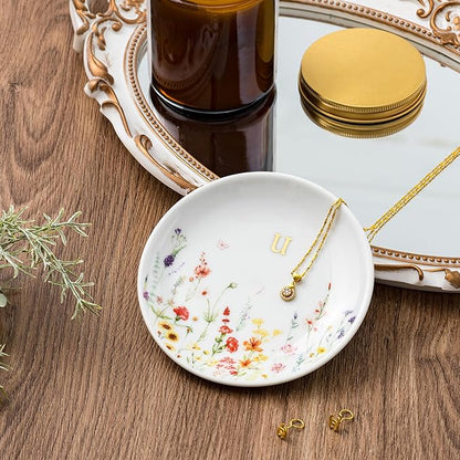 Crisky Initial Jewelry Tray Ring Dish & Gift Box, Ceramic Flower Trinket Dish for Rings Earrings Necklaces Keys, Bridal Shower Engagement Birthday Gift for Women, Friends 4.57" (Gold Foil U