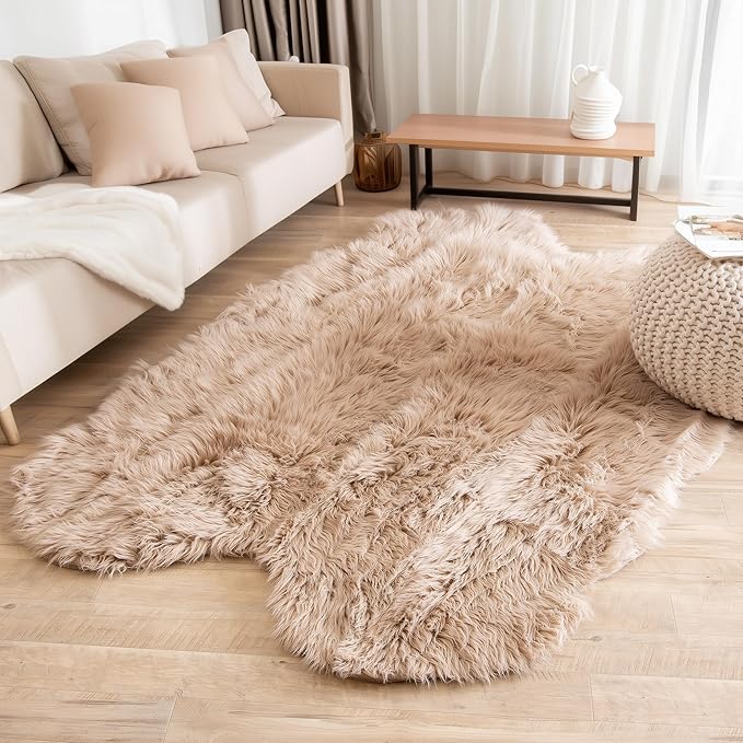 Super Area Rugs Ultra Soft & Fluffy Faux Sheepskin Fur Rug, Light Brown 4 x 6 Feet Sheepskin Carpet for Bedroom Living Room