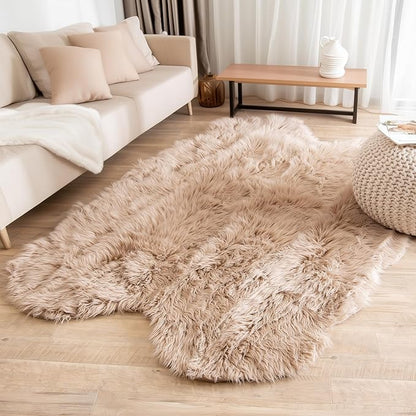 Super Area Rugs Ultra Soft & Fluffy Faux Sheepskin Fur Rug, Light Brown 4 x 6 Feet Sheepskin Carpet for Bedroom Living Room