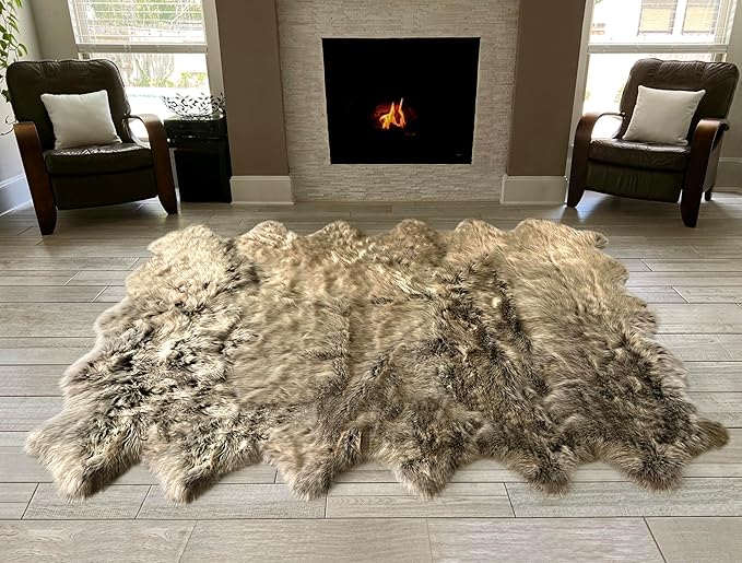 Free Shape Luxury Soft Fluffy Shag Area Rug Duo Decto 12 Pelts 6'x12', 180x360cm - Vegan Fur Ultra Soft Indoor Carpet Nursery Rugs for Bedroom Home Decor, Brown with Beige Tips