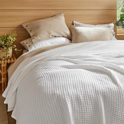 Bedsure Gentlesoft 100% Cotton Blanket King Size for Bed - Breathable and Soft, Thick Cozy Waffle Weave Christmas Blanket Gift for Women, White, 104x90 inches