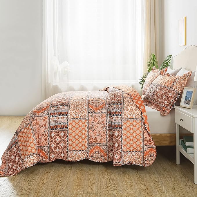 HoneiLife King Quilt Bedding Set - 3 Pieces Vintage Quilt Sets Microfiber Bedspreads Floral Coverlets Retro Bed Cover All Season Quilts-Pumpkin