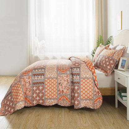 HoneiLife Vintage Quilt Sets Queen - 3 Pieces Microfiber Quilt Sets Lightweight Bedspreads Floral Coverlets Retro Bed Cover All Season Quilts-Pumpkin