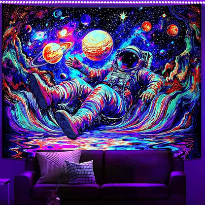 Blacklight Astronaut Tapestry Wall Hanging Space Galaxy Travel Funny Wander Tapestries for Bedroom Colorful Aesthetic Cool Wall Art for Guys Gamer Room Dorm Living Room (celestial bodies, 60''×44'')