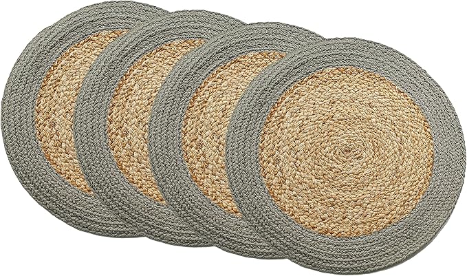 Chardin home Round Verona Woven Jute & Cotton Braided PLACEMAT (Set of 4), Size -15” Round, Color - Natural Jute with Grey Border