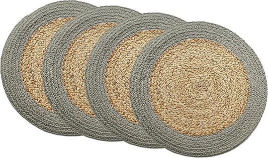 Chardin home Round Verona Woven Jute & Cotton Braided PLACEMAT (Set of 4), Size -15” Round, Color - Natural Jute with Grey Border