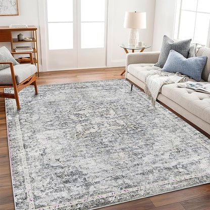 Washable Area Rug 4'x6' Vintage Traditional Floor Cover Foldable Thin Rugs Retro Kitchen Indoor Distressed Non Slip Carpet Floral Print Mat Bedroom Living Room