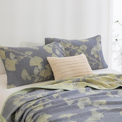 100% Cotton Muslin Jacquard 3 Piece Quilt Set Floral Ginkgo Leaf Print, Soft 3 Layers Gauze Bed Cover Reversible Bedspread Coverlet Breathable Lightweight Bedding Set, Queen