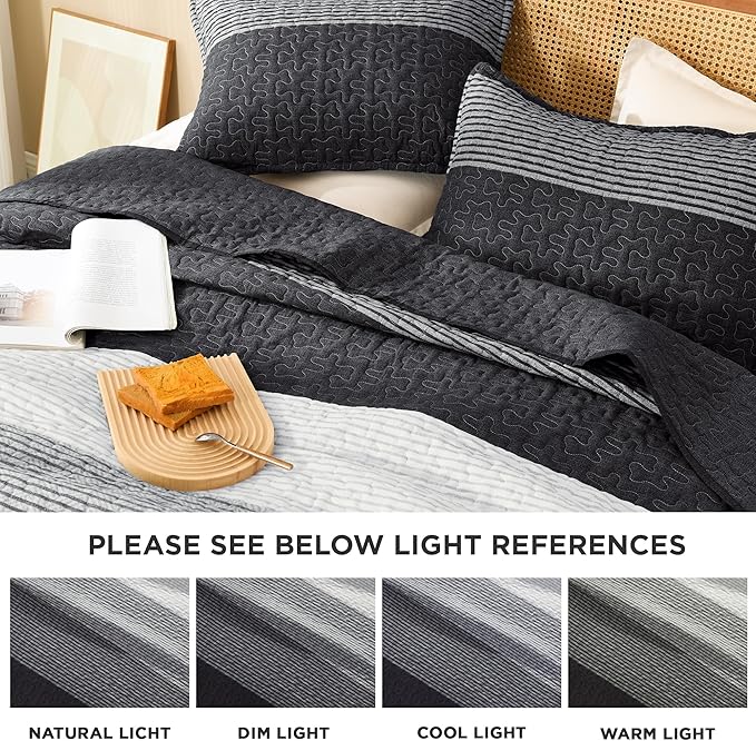Litanika Quilt King Size Black, Grey and White, Gray Stripe Patchwork Summer Bedspread Coverlet 3 Pieces, Soft Lightweight Microfiber Comforter Bedding Set for All Season(1 Quilt, 2 Pillowcases)