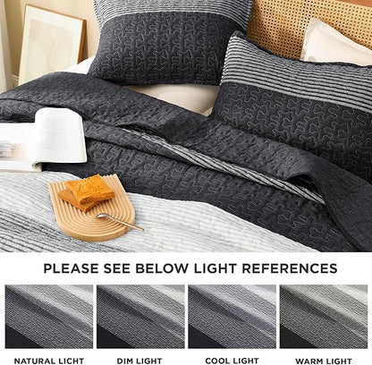 Litanika Quilt King Size Black, Grey and White, Gray Stripe Patchwork Summer Bedspread Coverlet 3 Pieces, Soft Lightweight Microfiber Comforter Bedding Set for All Season(1 Quilt, 2 Pillowcases)