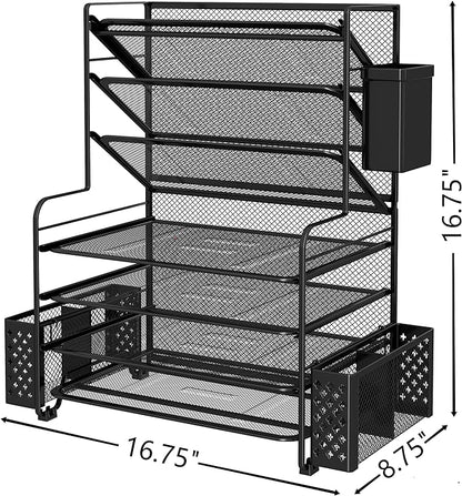 Simple Trending 7 Tier Desk File Organizer, Letter Tray Paper Organizer with Pen Holder and Metal Hanging Basket, Black