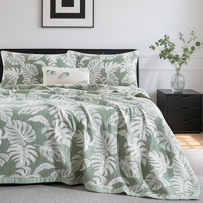 100% Cotton Muslin Jacquard 2 Piece Quilt Set Tropical Monstera Leaf Print, Soft 3 Layers Gauze Bed Cover Reversible Bedspread Coverlet Breathable Lightweight Bedding Set, Twin
