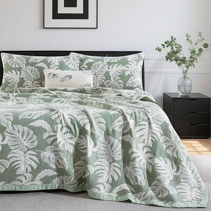 100% Cotton Muslin Jacquard 2 Piece Quilt Set Tropical Monstera Leaf Print, Soft 3 Layers Gauze Bed Cover Reversible Bedspread Coverlet Breathable Lightweight Bedding Set, Twin