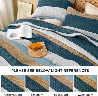 Litanika California King Quilt Set FBird,Stripe Patchwork Summer Bedspread Coverlet, Soft Lightweight Microfiber Quilt Bedding Set for All Season(1 Quilt, 2 Pillowcases)