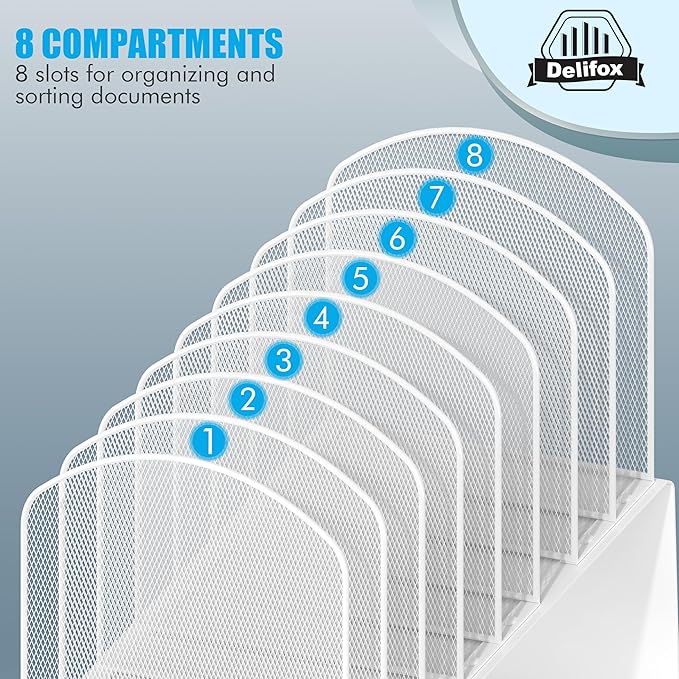 Inclined Desk File Organizer, 8-Section Upright Desk Organizer File Sorter for Office Classroom Desktop Organization