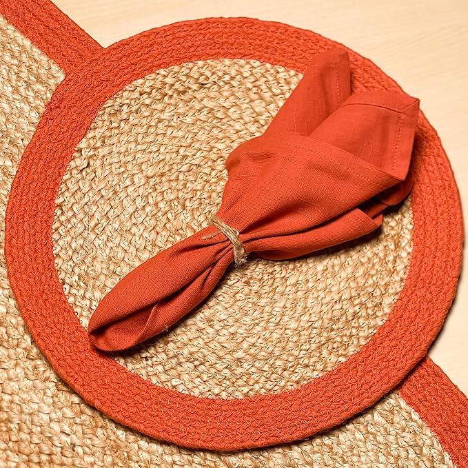Chardin home Round Verona Woven Jute & Cotton Braided PLACEMAT (Set of 4), Size -14 inch, Round, Color - Natural Jute with Rust Orange Border