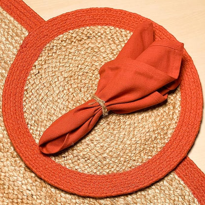 Chardin home Round Verona Woven Jute & Cotton Braided PLACEMAT (Set of 4), Size -14 inch, Round, Color - Natural Jute with Rust Orange Border