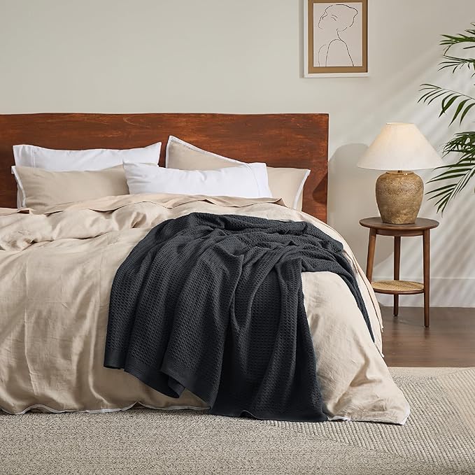 Bedsure Gentlesoft 100% Cotton Blanket Queen Size for Bed - Breathable and Soft, Thick Cozy Waffle Weave Christmas Blanket Gift for Women, Black, 90x90 Inches