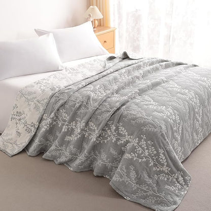 NTBAY 3 Layers Cotton Muslin 106x92 King Bed Blanket, Super Soft Breathable Thermal Yarn Dyed Quilt for Adults, Perfect Lightweight Blanket for Couch Sofa Bed All Seasons, Grey Tree