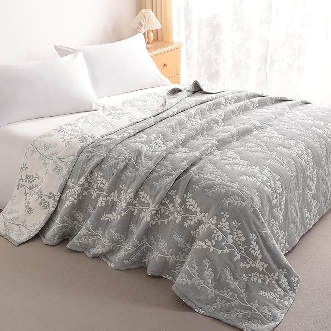 NTBAY 3 Layers Cotton Muslin 68x92 Twin Bed Blanket, Super Soft Breathable Thermal Yarn Dyed Quilt for Adults, Perfect Lightweight Blanket for Couch Sofa Bed All Seasons, Grey Tree