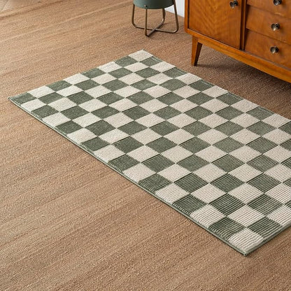 Revival Rugs Gambit 3'x5' Checkered Rug Machine Washable Area Rug for Kitchen Bedroom - 100% Recycled Oeko-TEX Certified, Medium Pile, Green, Beige