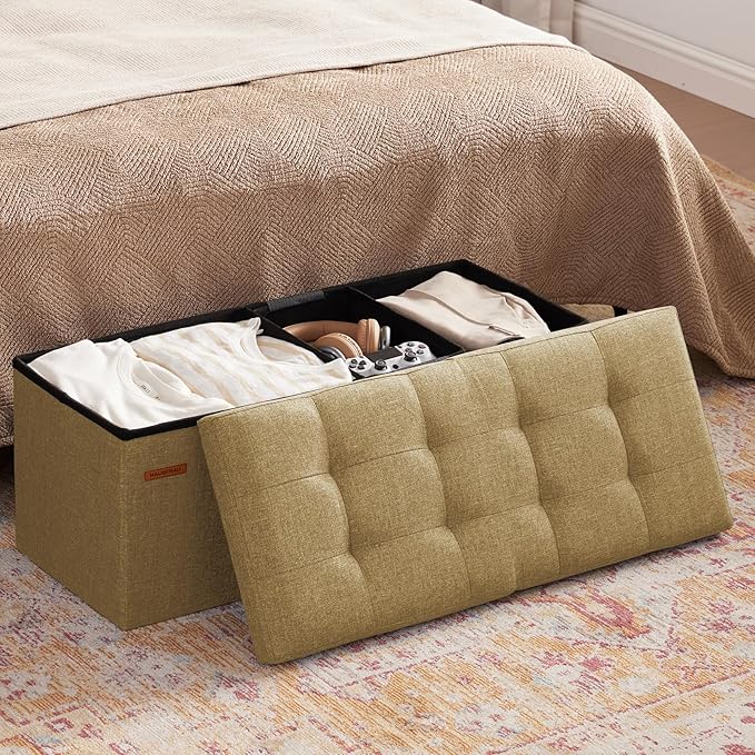 HAUSFRAU 31.5 Inches Ottoman with Storage Bench, Folding Ottoman Bench Small Foot Rest Stool, Bedroom Bench with Flipping Lid, Linen Kaki