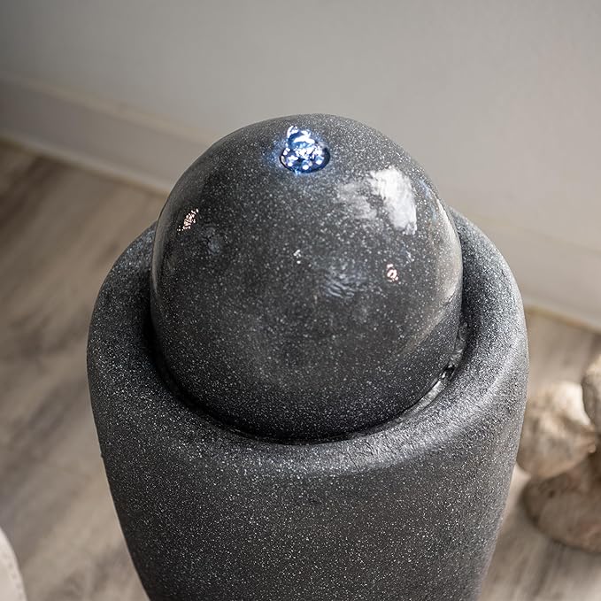 XBrand 26" Modern Sphere Water Fountain with LED Light – Indoor Outdoor Stone Texture Floor Fountain, Zen Bubbling Ball Water Feature for Garden Patio Porch - Gray