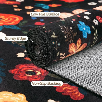 Tangsoo 2x3 Small Area Rug for Entryway, Non Slip Machine Washable Boho Floral Entry Rug, Soft Low Pile Throw Rugs Door Mat Indoor Entrance Floor Carpet for Bedroom Kitchen Bathroom, Kids Room(Black)