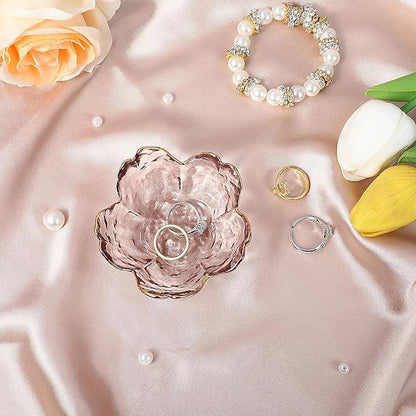 Ouligay Small Cute Jewelry Dish Tray Flower Jewelry Ring Dish Trinket Tray Ring Holder for Women Glass Jewelry Plate Dish with Gilt-Edged Blossom Design Gift for Wife Mom Daughter(Pink)