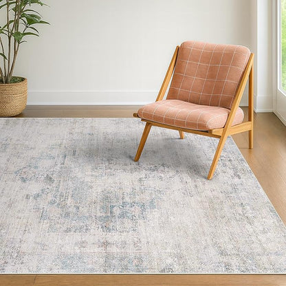 Washable 4x6 Rug for Small Living Room, Area Rug for Kitchen, Bedside, Large Entryway Indoor - Stain Resistant Non Slip with Rubber Backing, Unique Floral Aethestic Décor, Light Blue & Gray