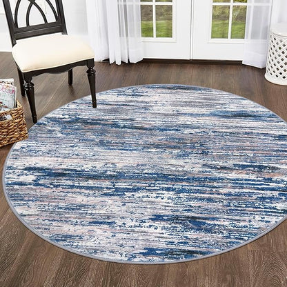 5' Round Rug Washable Rug for Entryway, Navy Blue Gray Neutral Multi Soft Non-Slip Area Rugs Modern Abstract Low-Pile Carpet, Neutral Vintage Circle Rugs for Living Room Dining Bedroom Foyer
