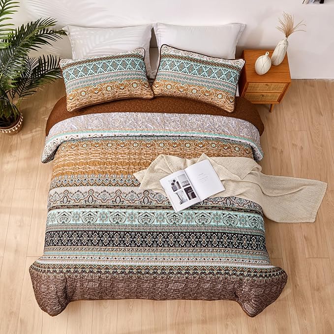 WONGS BEDDING Boho Fall Quilt Set King, Brown Bohemian Quilt Bedding Set, Ultra Soft Lightweight Bed Decor Bedspread for All Season Reversible Microfiber Coverlet Bedding Set 103"x90"(3 Pieces)