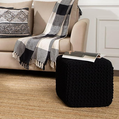 REDEARTH · Cube Pouf Foot Stool Ottoman - Hand Knitted Poof - Cord Boho Pouffe - Home Décor - Stuffed Footrest for Living Room - Bedroom - Covered Patio (16" x 16" x 16") - Black, Set of 2