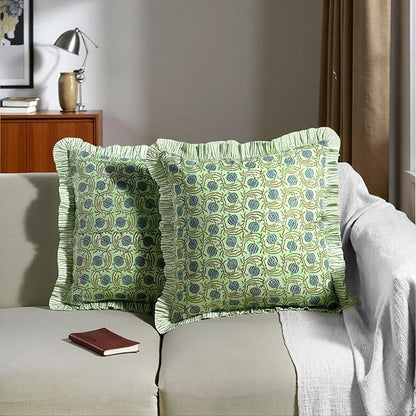 Ridhi Apple Green Floral Modern Farmhouse Pillow 18x18 Block Print Cotton Throw Pillow Covers Set of 2 Cushion Covers with Ruffle Couch Sofa Bed Living Room Home Decor for Christmas,Thanksgiving