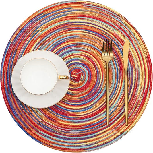 SHACOS Round Braided Placemats Set of 8 Washable 15 inch Round Table Mats Colorful Variegated Woven Place Mats for Dining Table (Rainbow Red, 8)