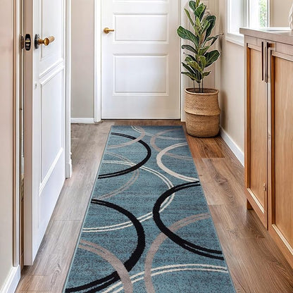 Rugshop Modern Wavy Circles Design Runner Rug, Carpet with Jute Backing for Hallway, Entryway, or Laundry Room, Blue, 2'7" x 6'