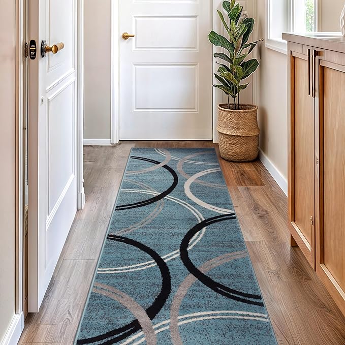 Rugshop Modern Wavy Circles Design Runner Rug, Carpet with Jute Backing for Hallway, Entryway, or Kitchen, Blue, 2'7" x 10'