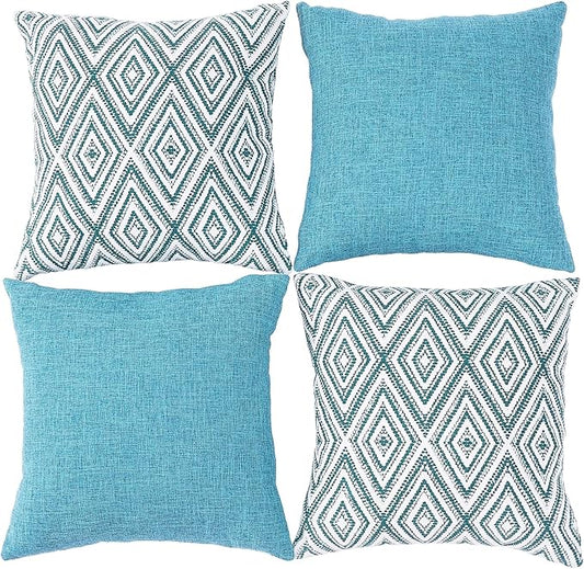 HPUK Decorative Throw Pillow Covers Set of 4 Geometric Design Linen Cushion Cover for Couch Sofa Living Room, 18"x18" inches, Aqua Blue