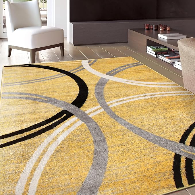 Rugshop Wavy Circles Design Area Rug, Carpet with Jute Backing for Living Room, Bedroom, or Dining Room, Yellow, 7'10" x 10'2"
