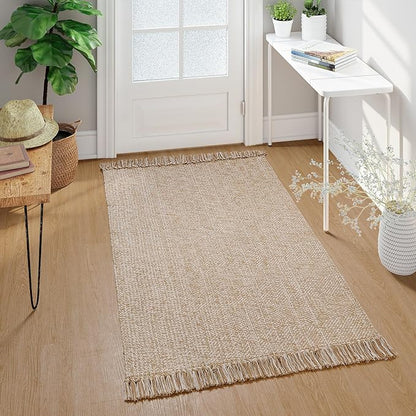 Collive Washable Area Rug 3' x 5', Modern Woven Kitchen Rugs, Tan/Cream Braided Cotton Rug Indoor Door Mat Throw Carpet for Entryway Living Room Nursery Mudroom Laundry Room