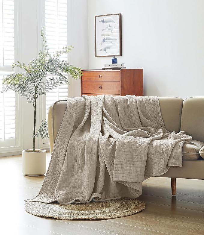 100% Cotton Muslin Twin XL Blanket (66" x 90") – A Luxuriously Soft, 4-Layer Lightweight and Breathable Gauze Blanket, Perfect for Year-Round use on beds, couches (Khaki, Twin XL)