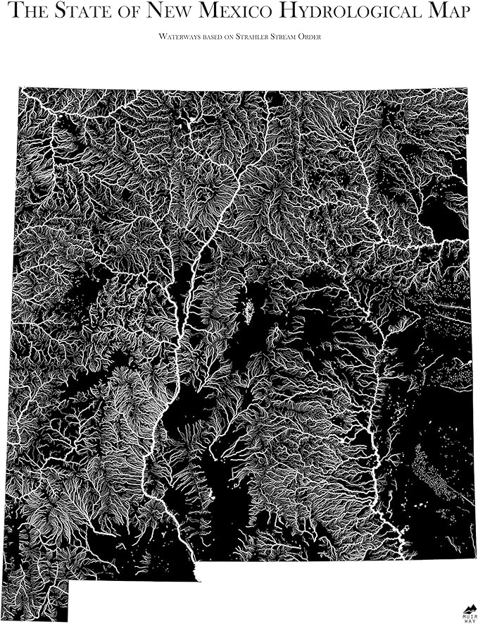 Muir Way Hydrological River Map of New Mexico - Watershed Topographic Wall Art for Home, Office, or Travel Decor - Unframed Flat Paper Print, 24x30