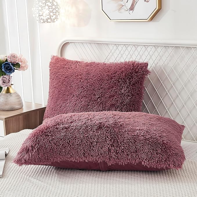 Uhamho Set of 2 Standard Pillowcases Faux Fur Throw Pillow Covers Queen Size Shams Soft Velvet Decorative Zipper Closure (Dusty Rose, 20"x26")