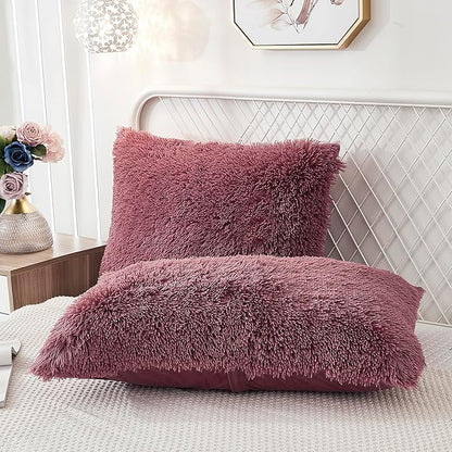 Uhamho Set of 2 Standard Pillowcases Faux Fur Throw Pillow Covers Queen Size Shams Soft Velvet Decorative Zipper Closure (Dusty Rose, 20"x26")