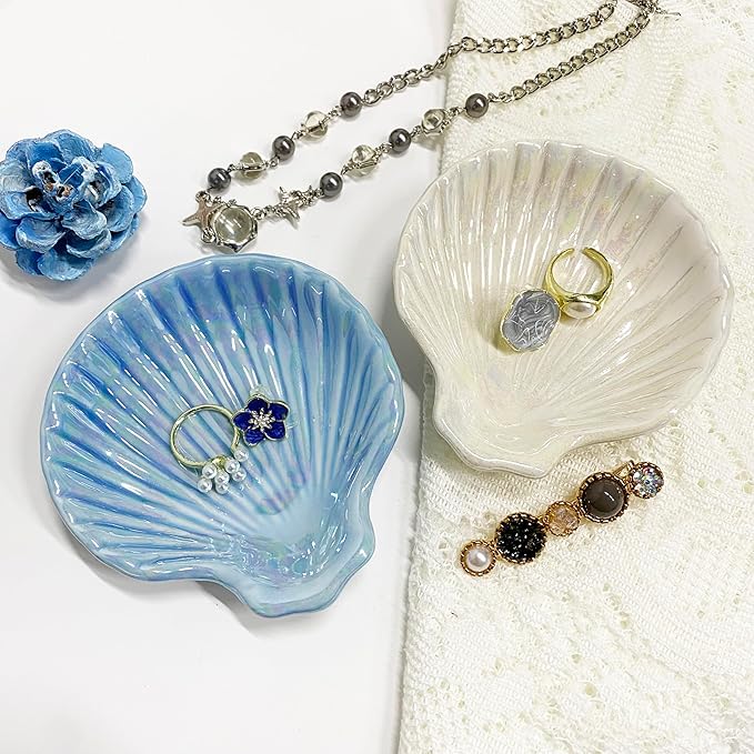 Shell Jewelry Dish Tray for Women, Ceramic Jewelry Tray, Seashell Shape Jewelry Ring Holder Dish, Jewelry Plate Trinket Dish for Necklace, Earring, Ring, Bracelet, 3.9", Sky Blue Iridescent Surface