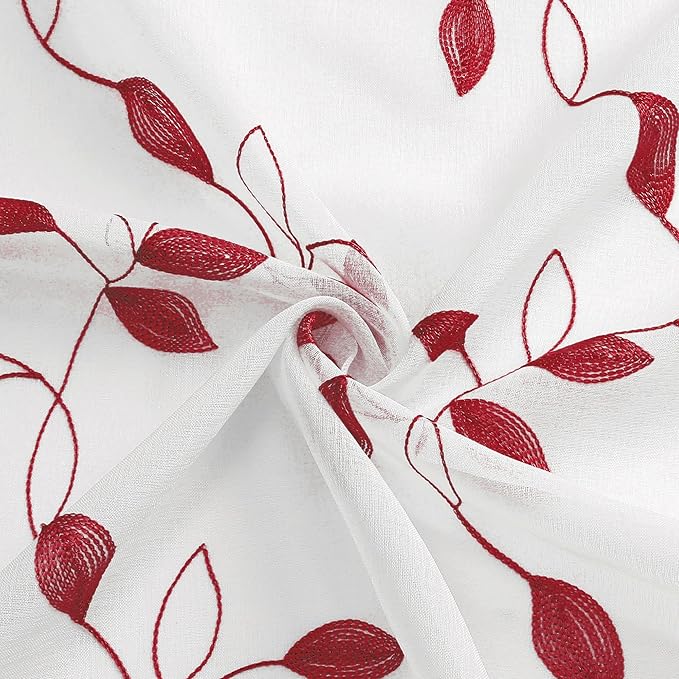 Tollpiz Burgundy Red Leaf Sheer Curtains Leaves Embroidered Living Room Short Curtain Rod Pocket Voile Window Treatments for Bedroom, 54 x 45 inches Long, Set of 2 Panels