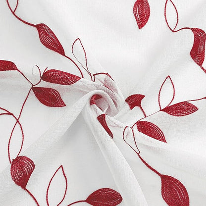 Tollpiz Burgundy Red Leaf Sheer Curtains Leaves Embroidered Living Room Short Curtain Rod Pocket Voile Window Treatments for Bedroom, 54 x 45 inches Long, Set of 2 Panels
