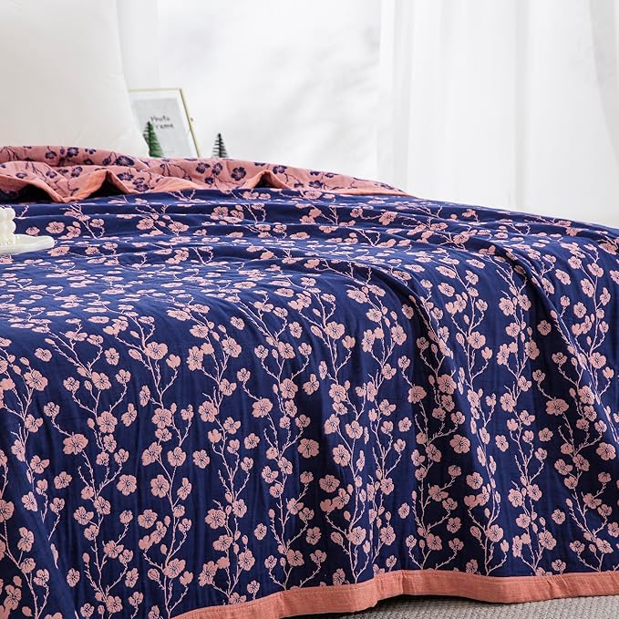 100% Cotton Muslin Jacquard 2 Piece Quilt Set Floral Plum Blossom Print, Soft 3 Layers Gauze Bed Cover Reversible Bedspread Coverlet Breathable Lightweight Bedding Set, Twin